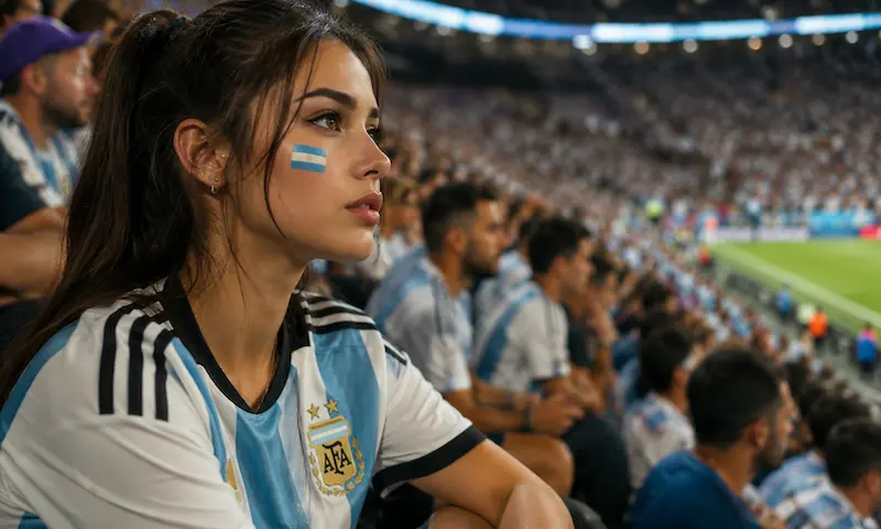 Nữ cổ động viên Argentina vẽ mặt cờ Tổ quốc theo dõi trận đấu World Cup 2026 trên khán đài sân vận động đông kín người hâm mộ